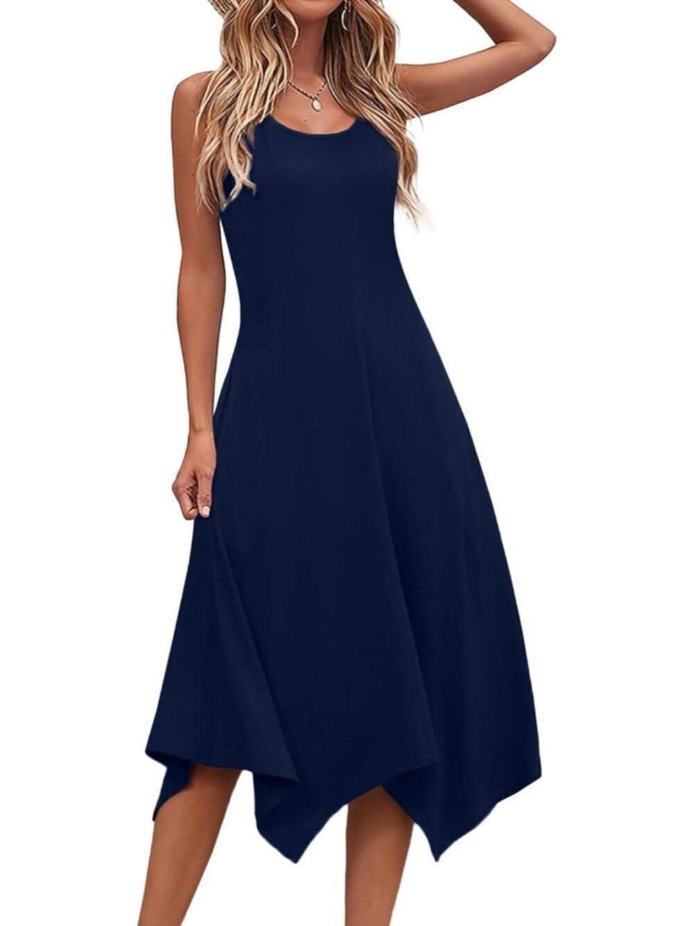 Hotouch Women's Floral Solid Navy Sleeveless Sundress Hankerchief Beach Dress - Picture 5 of 6